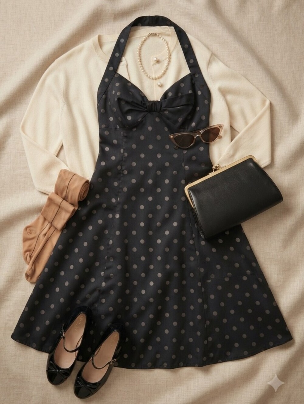 Maggy London Black Pale Pink Polka Dot Retro Inspired Halter Dress